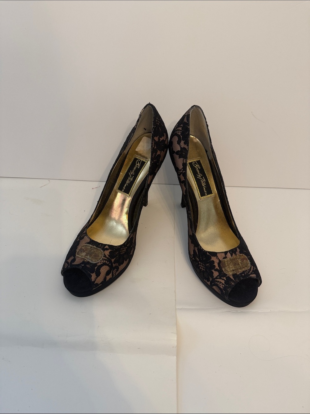 Beverly Feldman Lace Overlay Peep-Toe Heels - Black & Nude